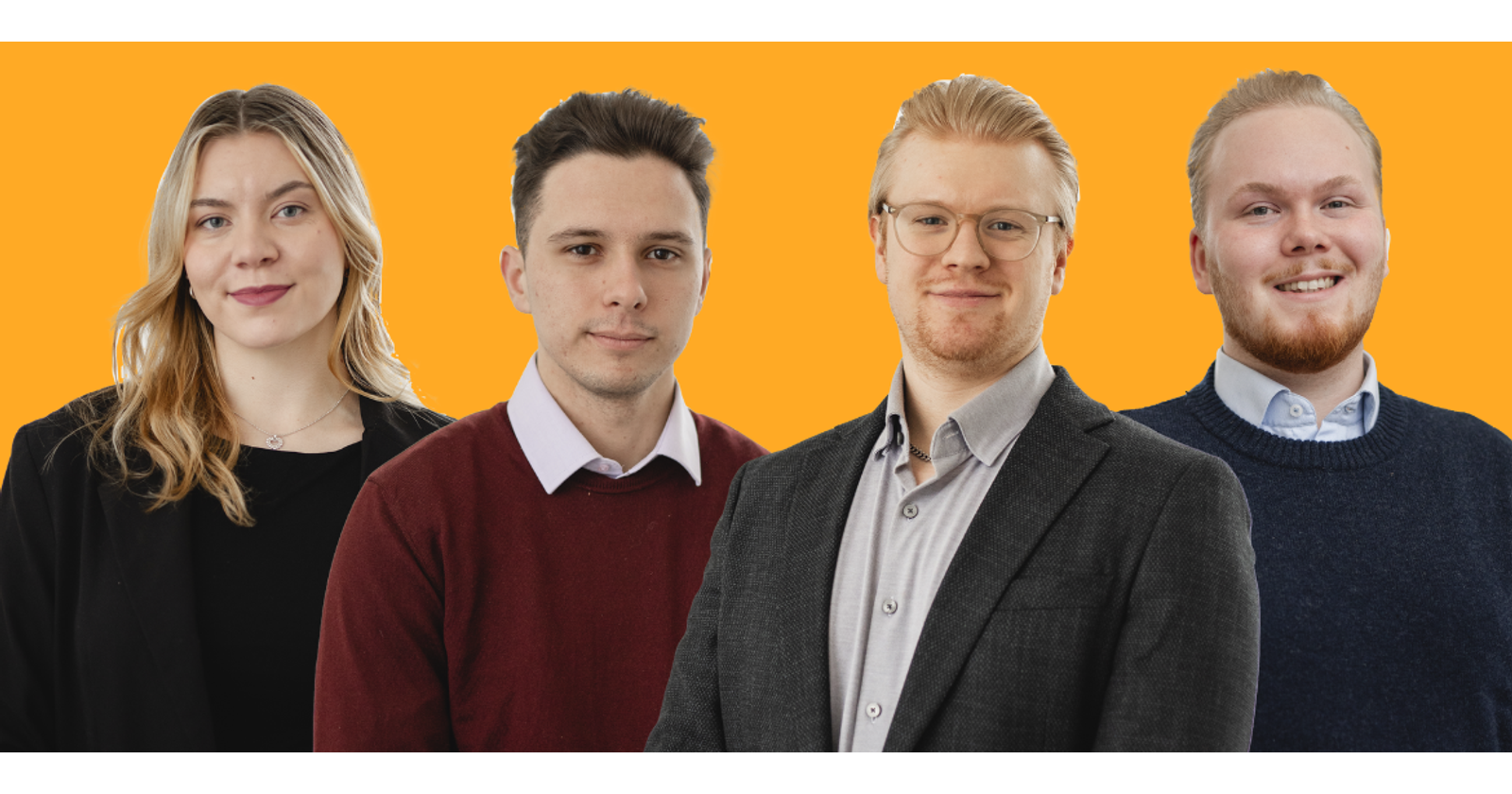 Graphic with orange background with photos of the community sector's members: Katarina Roivainen, Joni Virtanen, Aleksi Rönkä, and Juuso Tynjälä.