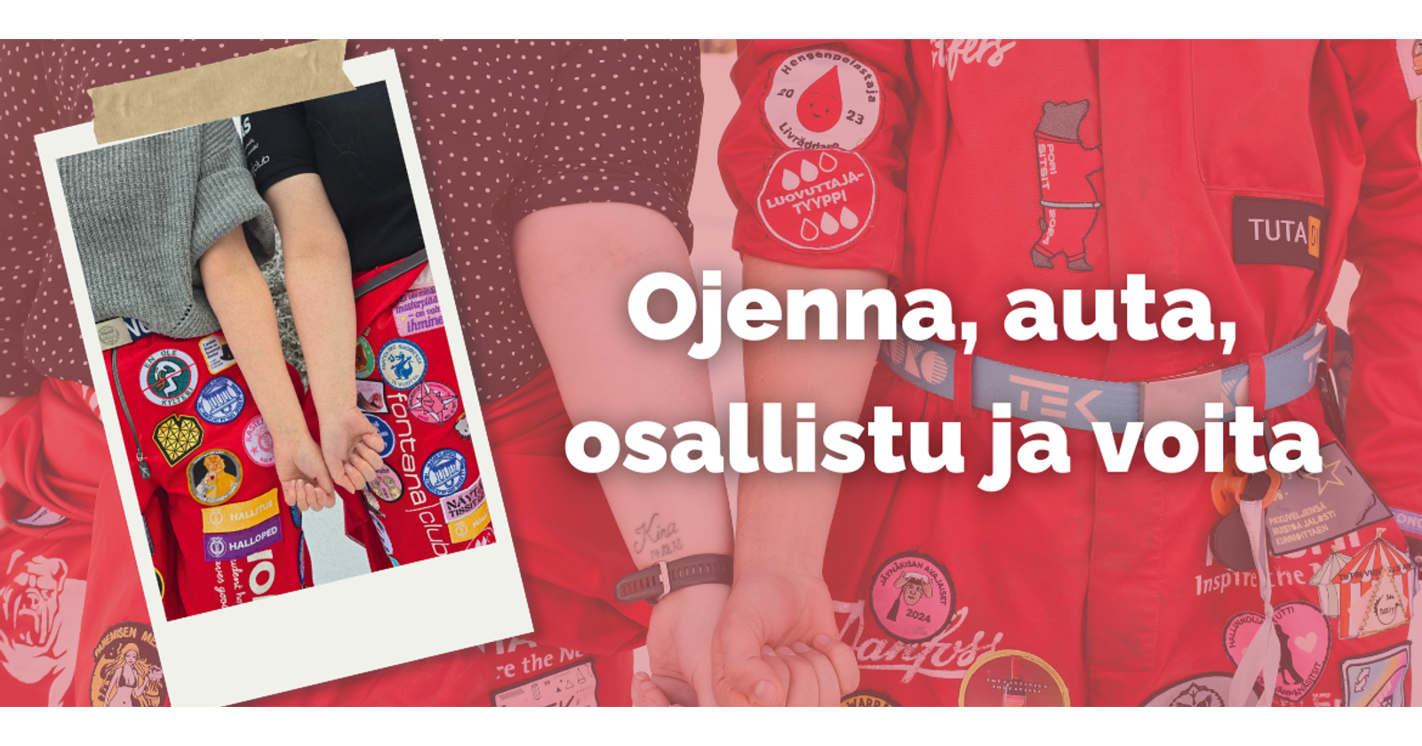 Grafiikka, jossa kaksi valokuvaa opiskelijoista VYY:n punaisissa haalareissa ojentamassa käsivarsiaan kohti kameraa. Vieressä teksti Ojenna, auta, osallistu ja voita.