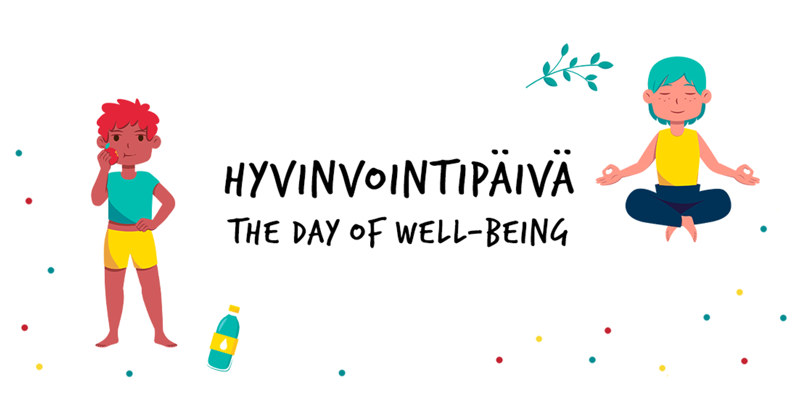 Two illustrated characters, one which is sitting cross-legged doing yoga and the other standing and biting an apple.