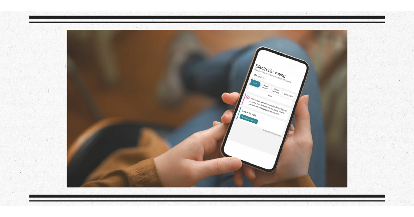 Close up photograph of a hand holding a smartphone. On the phone screen, the electronic voting system is showing.