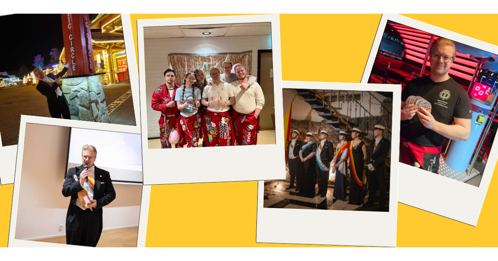 Five Polaroid photos on a yellow background: Aleksi pointing at a sign saying Arctic Circle, Aleksi giving a small speech at an Annual Ball, Aleksi with his Board colleagues at a party wearing their student overalls, Aleksi with other Board Members on VYY's 57th Annual Ball, and Aleksi wearing his red student overalls at a bar, smiling at the camera, and holding overall patches.