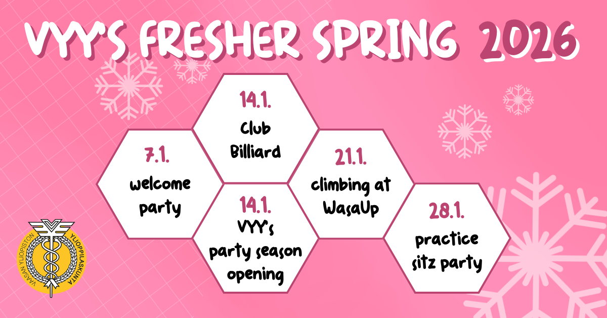 Graphic of VYY's fresher spring 2026 with hexagon shapes that say dates and event names. The background is pink with a grid notebook pattern and snowflakes. The dates and events are listed below as regular text.