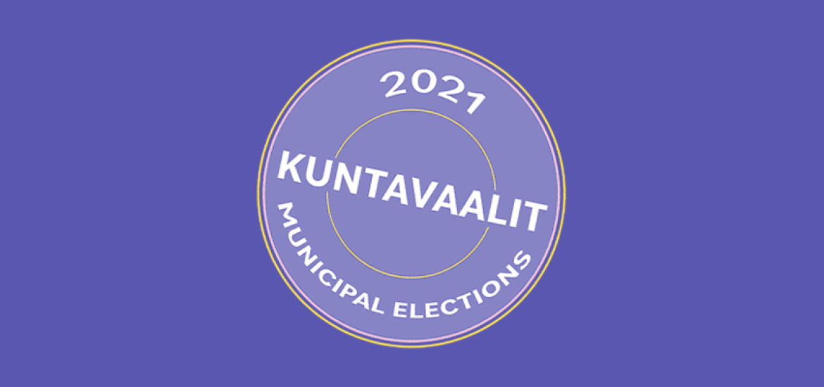 Kuvituskuva vuoden 2021 kuntavaaleista sinisellä taustalla